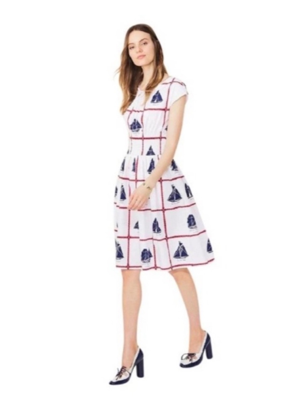 Tory Burch White Dress with Navy Sailboat Print and Red Rope Grid size 8